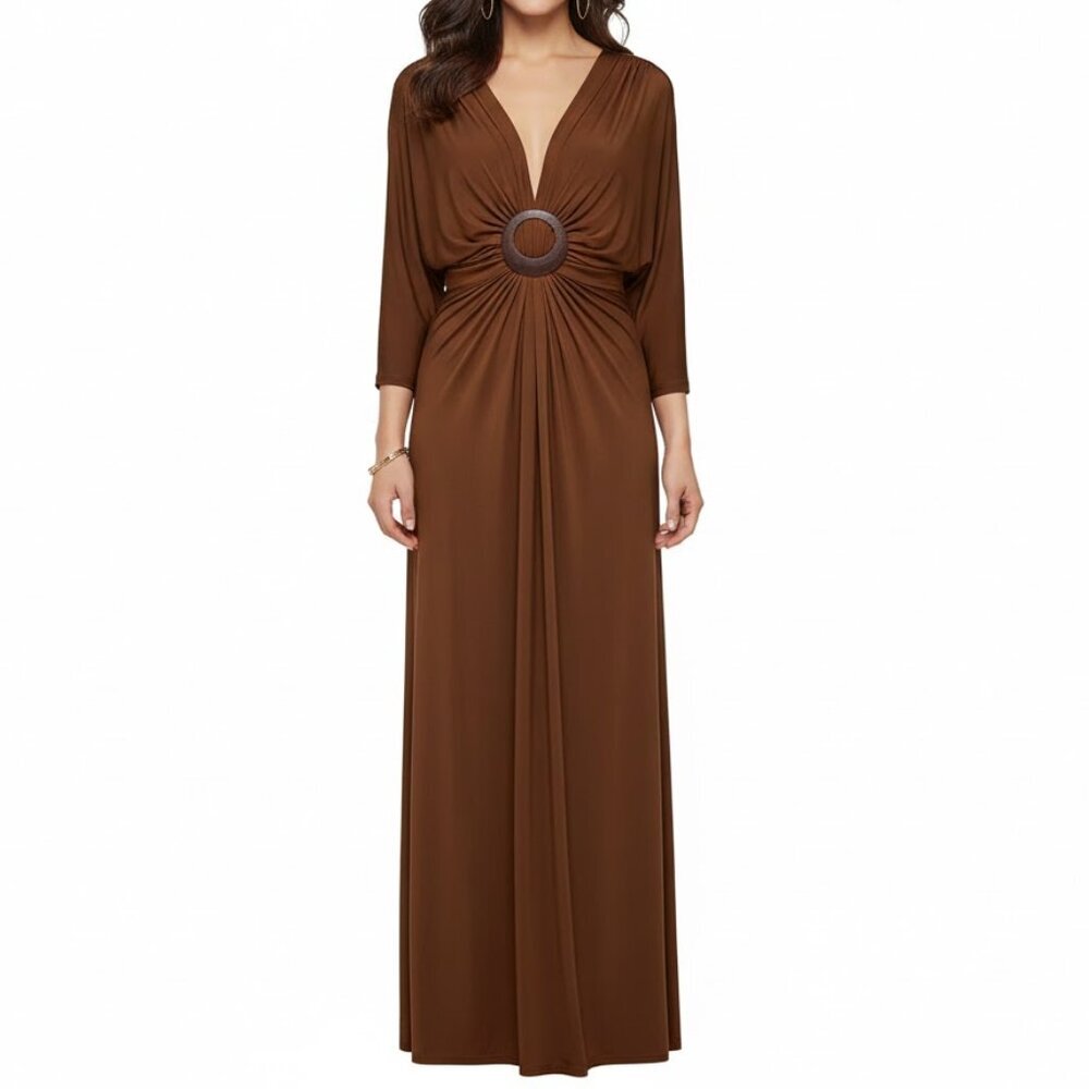 Metrostyle Women's Slinky Jersey Dress V-Neck Ruched Buckle Mid-Calf Brown Sz L